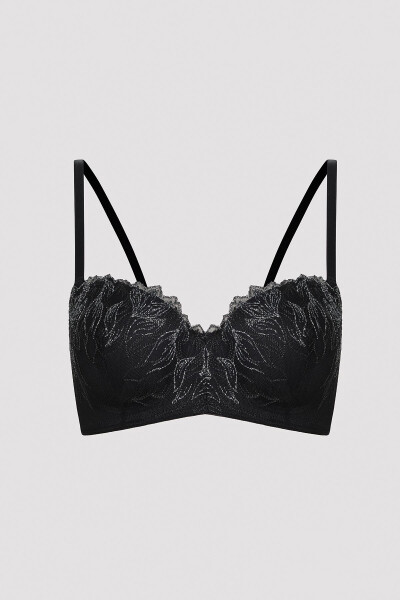 Black Bra with Lotus Embroidery Detail - 12