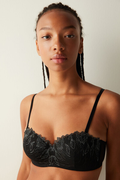 Black Bra with Lotus Embroidery Detail - 3