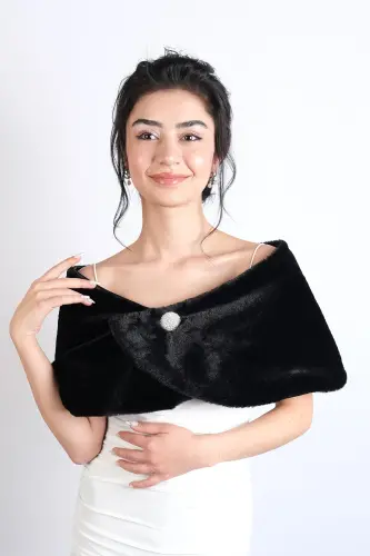 Black Bridal Fur Bridal Fur with Brooch - Black - 1