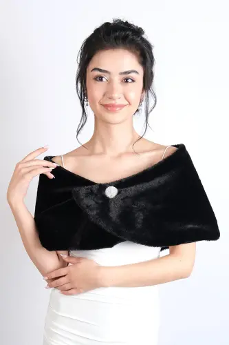 Black Bridal Fur Bridal Fur with Brooch - Black - 6