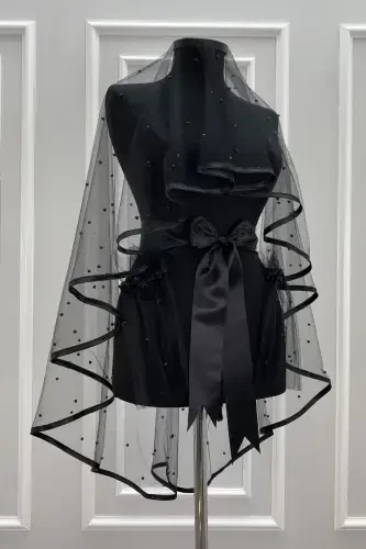 Black Bridal Veil Set, Beaded, Henna Night, Wedding, Marriage Veil Shawl Cover-BEADEDBLACK - 1