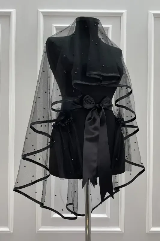 Black Bridal Veil Set, Beaded, Henna Night, Wedding, Marriage Veil Shawl Cover-BEADEDBLACK - ZEYMERADE