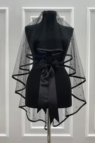 Black Bridal Veil Set, Beaded, Henna Night, Wedding, Marriage Veil Shawl Cover-BEADEDBLACK - ZEYMERADE (1)