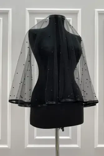 Black Bridal Veil Set, Beaded, Henna Night, Wedding, Marriage Veil Shawl Cover-BEADEDBLACK - 3