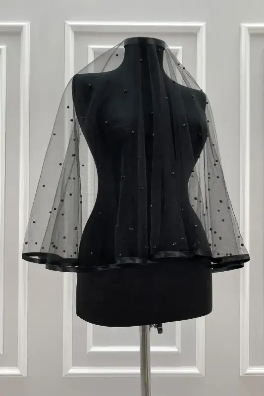 Black Bridal Veil Set, Beaded, Henna Night, Wedding, Marriage Veil Shawl Cover-BEADEDBLACK - 3