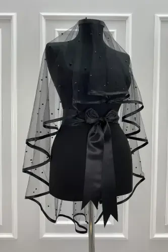 Black Bridal Veil Set, Beaded, Henna Night, Wedding, Marriage Veil Shawl Cover-BEADEDBLACK - 6