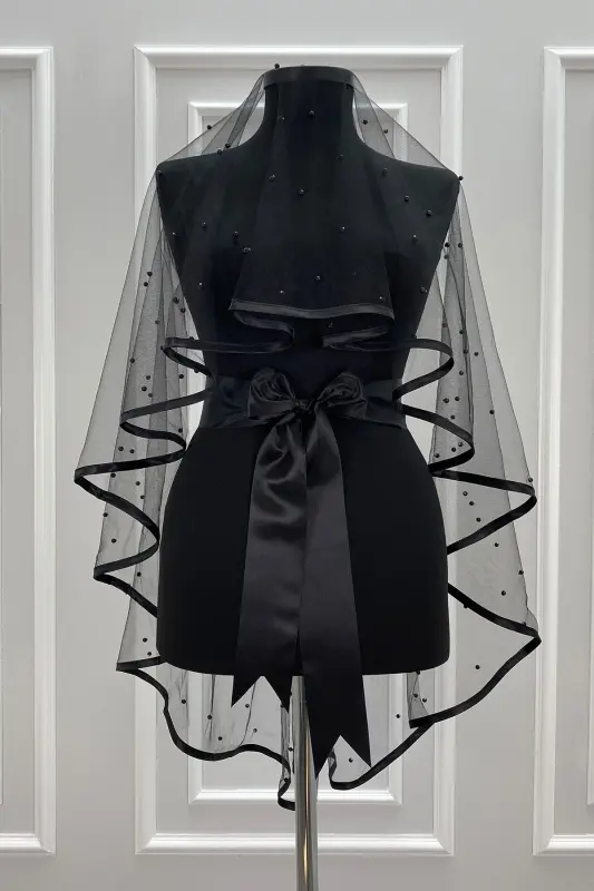 Black Bridal Veil Set, Beaded, Henna Night, Wedding, Marriage Veil Shawl Cover-BEADEDBLACK - 2