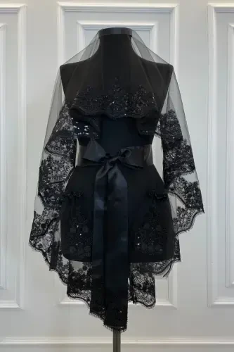 Black Bridal Veil Set, Sparkling Laced Henna Veil Set-Black - 1
