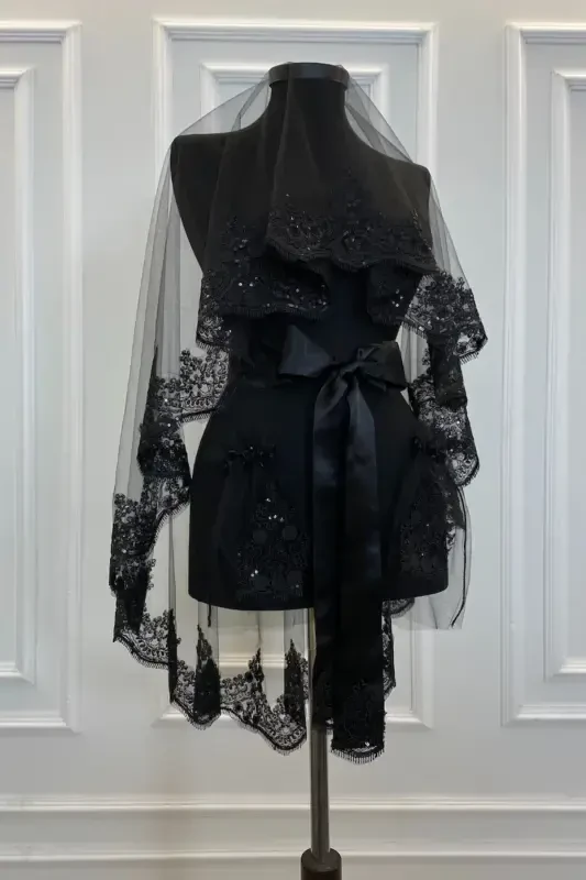 Black Bridal Veil Set, Sparkling Laced Henna Veil Set-Black - 2