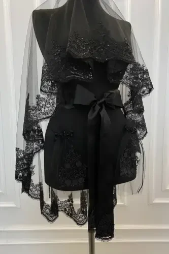 Black Bridal Veil Set, Sparkling Laced Henna Veil Set-Black - 4