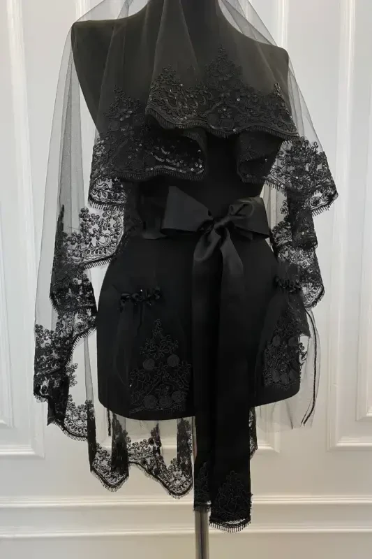 Black Bridal Veil Set, Sparkling Laced Henna Veil Set-Black - 4