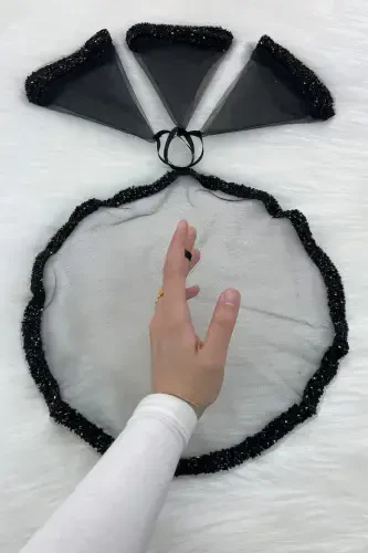 Black Bride Groom Handkerchief, Wedding Halay Bridesmaid Henna Circumcision Handkerchief, Glass Bead and Sequin Printed-STCAMBONCUKLUMENDILSIYAH - 1