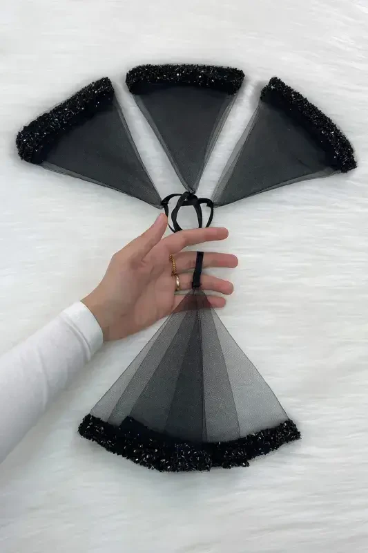 Black Bride Groom Handkerchief, Wedding Halay Bridesmaid Henna Circumcision Handkerchief, Glass Bead and Sequin Printed-STCAMBONCUKLUMENDILSIYAH - 2