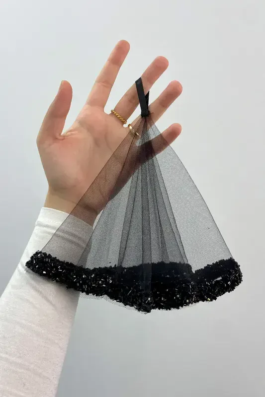 Black Bride Groom Handkerchief, Wedding Halay Bridesmaid Henna Circumcision Handkerchief, Glass Bead and Sequin Printed-STCAMBONCUKLUMENDILSIYAH - 4