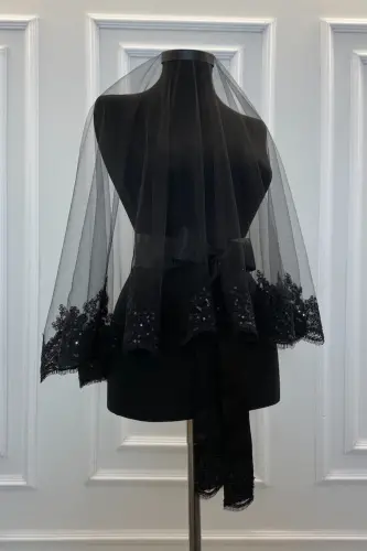 Black Bride Veil Set, Sparkling Guipure Henna Veil Set - Black - ZEYMERADE (1)
