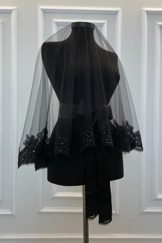 Black Bride Veil Set, Sparkling Guipure Henna Veil Set - Black - 2
