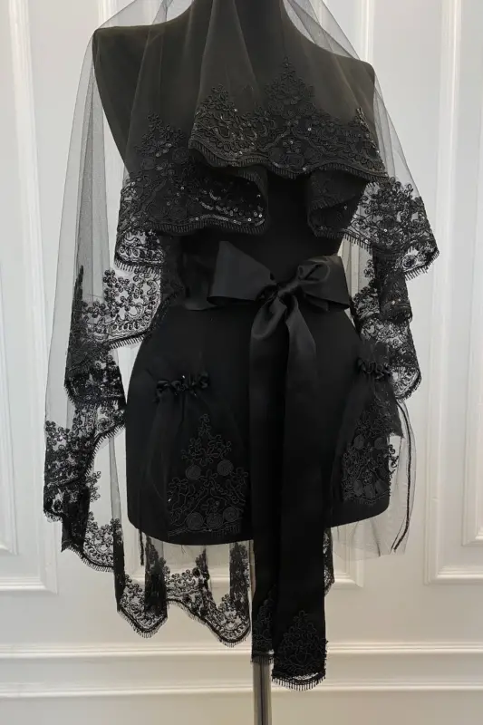 Black Bride Veil Set, Sparkling Guipure Henna Veil Set - Black - 4