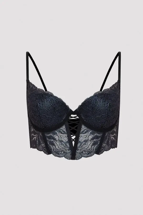 Black Bustier with Holographic Lace Details - 15