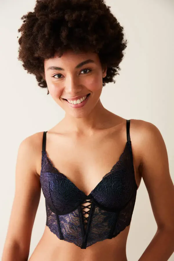 Black Bustier with Holographic Lace Details - 1