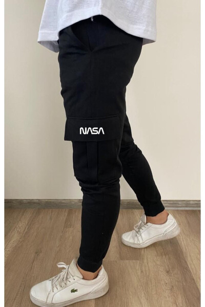 Black Cargo Pocket Sweatpants with NASA Print - 1