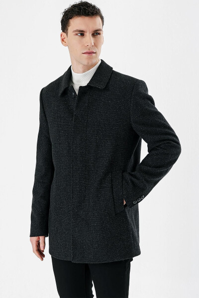 Black Cashmere Berberi Collar Wool Quilted Lined Oversized Comfort Fit Relaxed Fit Classic Coat 1008 - 2