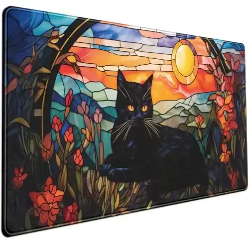 Black Cat Desk Mat Vintage Sunset Desk Mouse Keyboard Pad, XXL Large Mouse Pad Laptop Desk Mousepad with Stitched Edges, Keyboard Pad Mouse Mat for Work Game Office Desk Accessories 31.5x15.7 in 