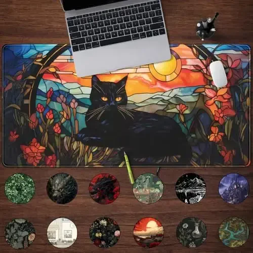 Black Cat Desk Mat Vintage Sunset Desk Mouse Keyboard Pad, XXL Large Mouse Pad Laptop Desk Mousepad with Stitched Edges, Keyboard Pad Mouse Mat for Work Game Office Desk Accessories 31.5x15.7 in - MODAZONE (1)