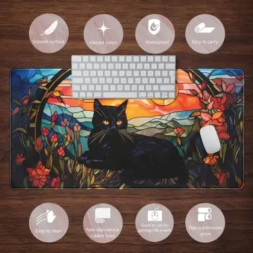 Black Cat Desk Mat Vintage Sunset Desk Mouse Keyboard Pad, XXL Large Mouse Pad Laptop Desk Mousepad with Stitched Edges, Keyboard Pad Mouse Mat for Work Game Office Desk Accessories 31.5x15.7 in - 6