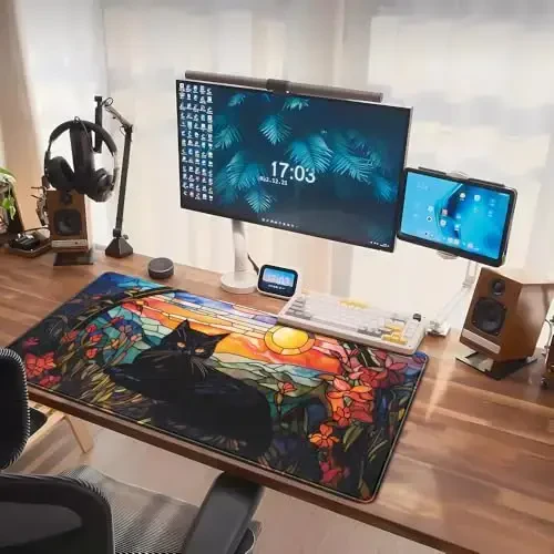Black Cat Desk Mat Vintage Sunset Desk Mouse Keyboard Pad, XXL Large Mouse Pad Laptop Desk Mousepad with Stitched Edges, Keyboard Pad Mouse Mat for Work Game Office Desk Accessories 31.5x15.7 in - 7