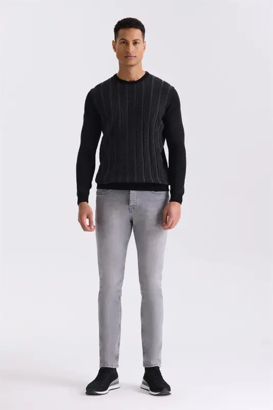 Black / Charcoal Slim Fit Crew Neck Stripe Pattern Jumper - 2