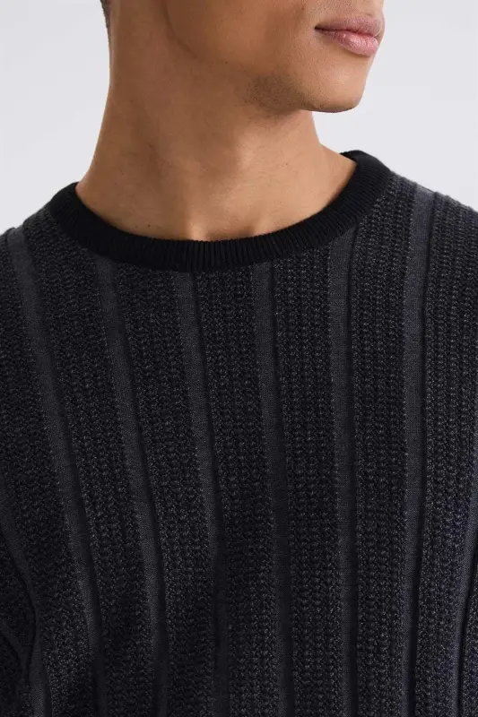 Black / Charcoal Slim Fit Crew Neck Stripe Pattern Jumper - 3