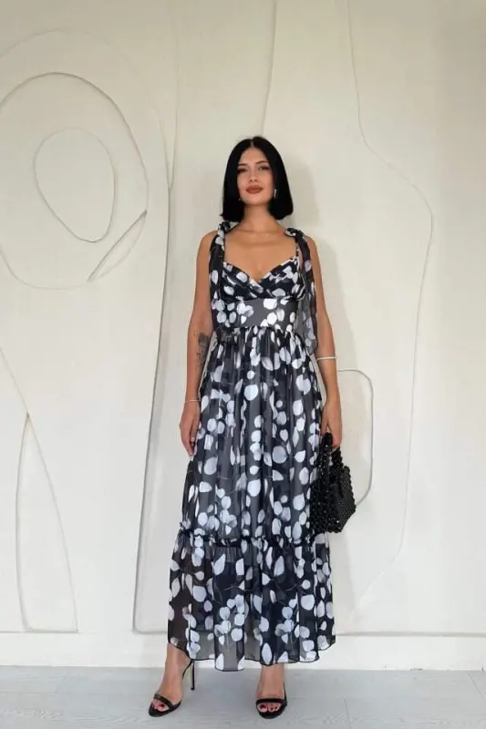 Black Chiffon Draped Dress - 1