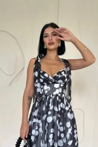 Black Chiffon Draped Dress - BÜYÜKBEDENIZ (1)