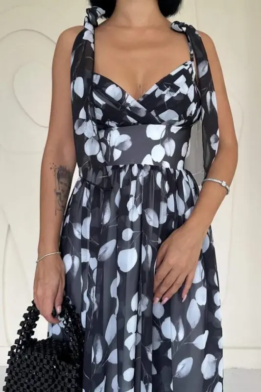 Black Chiffon Draped Dress - 3