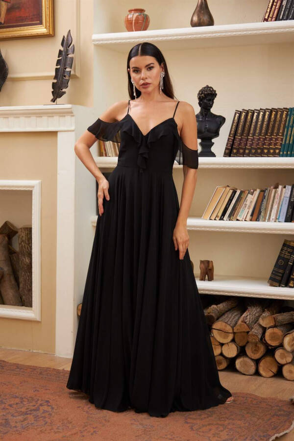 Black Chiffon Long Dress with Ruffled Bust - 1