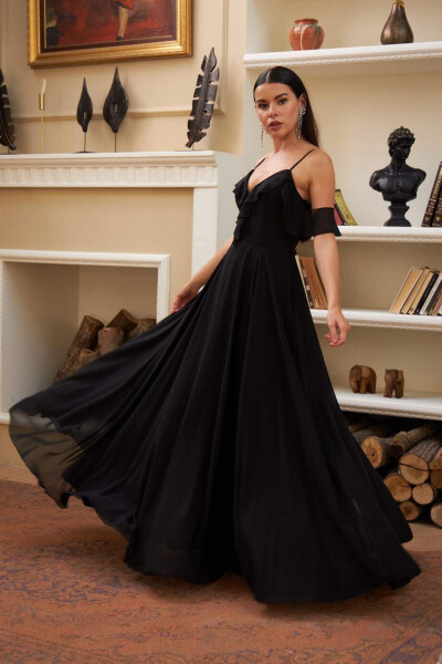 Black Chiffon Long Dress with Ruffled Bust - 10