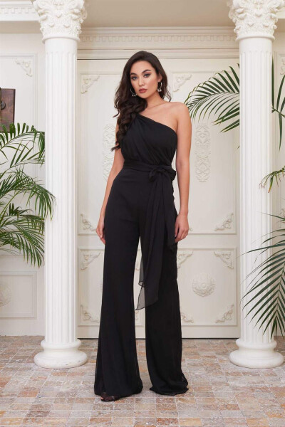 Black Chiffon One Shoulder Knit Jumpsuit - 1