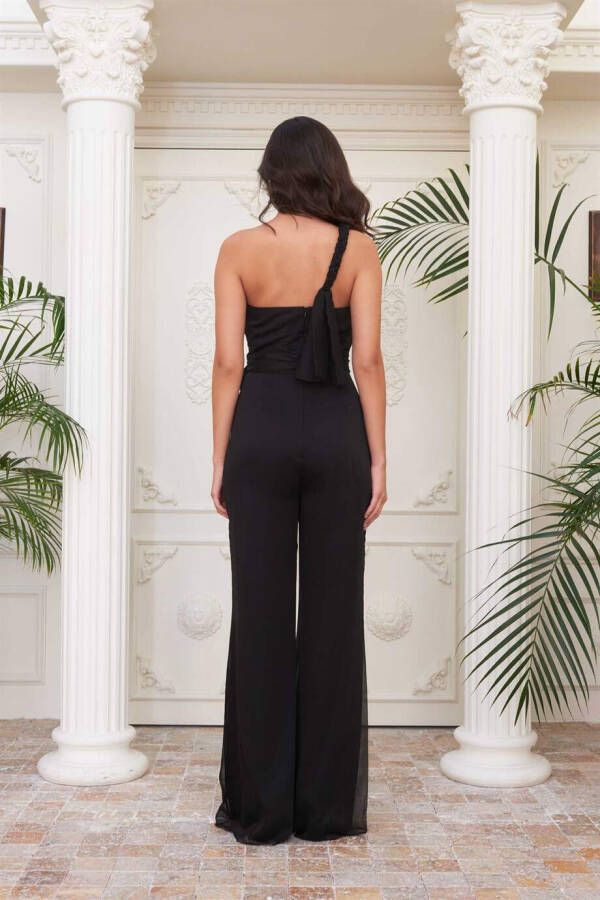 Black Chiffon One Shoulder Knit Jumpsuit - 5