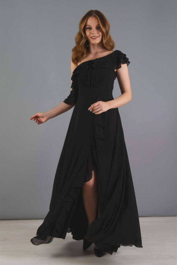 Black Chiffon Ruffled Off-Shoulder Slit Dress - 7