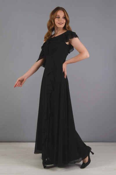 Black Chiffon Ruffled Off-Shoulder Slit Dress - 9