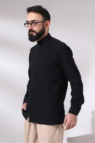 Black Chinar Men's Comfortable Fit Stand Collar Hajj and Umrah Voile Shirt 