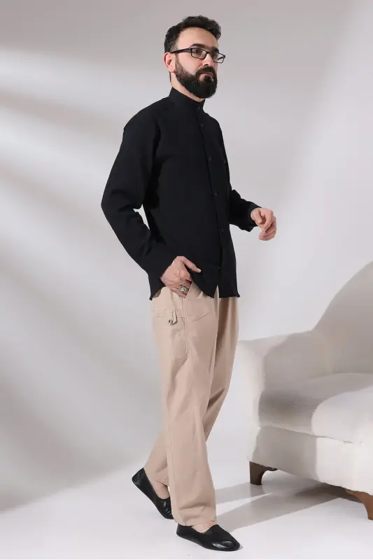 Black Chinar Men's Comfortable Fit Stand Collar Hajj and Umrah Voile Shirt - 2