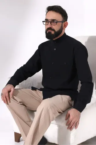 Black Chinar Men's Comfortable Fit Stand Collar Hajj and Umrah Voile Shirt - 3
