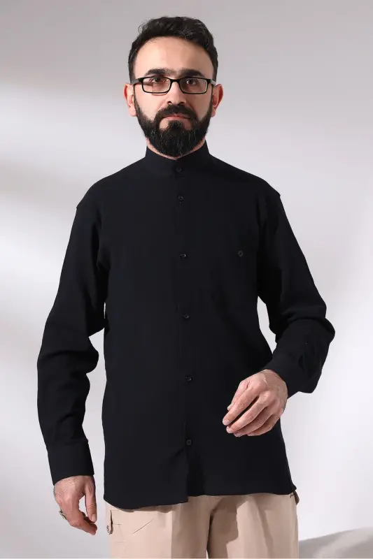 Black Chinar Men's Comfortable Fit Stand Collar Hajj and Umrah Voile Shirt - 4