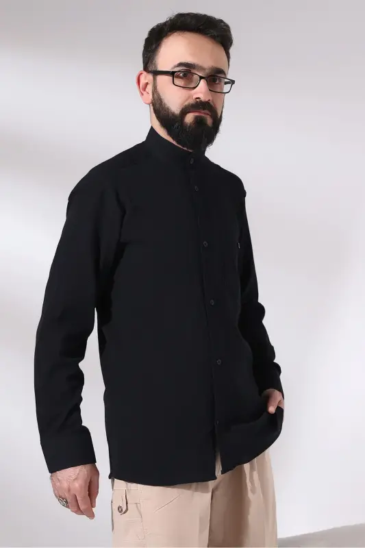 Black Chinar Men's Comfortable Fit Stand Collar Hajj and Umrah Voile Shirt - 5