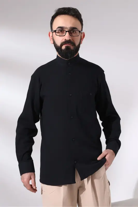 Black Chinar Men's Comfortable Fit Stand Collar Hajj and Umrah Voile Shirt - 6