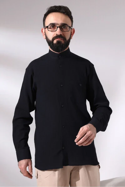 Black Chinar Men's Comfortable Fit Stand Collar Hajj and Umrah Voile Shirt - IHVAN ONLINE