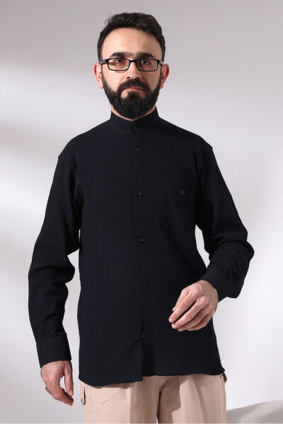 Black Chinar Men's Comfortable Fit Stand Collar Hajj and Umrah Voile Shirt - 1