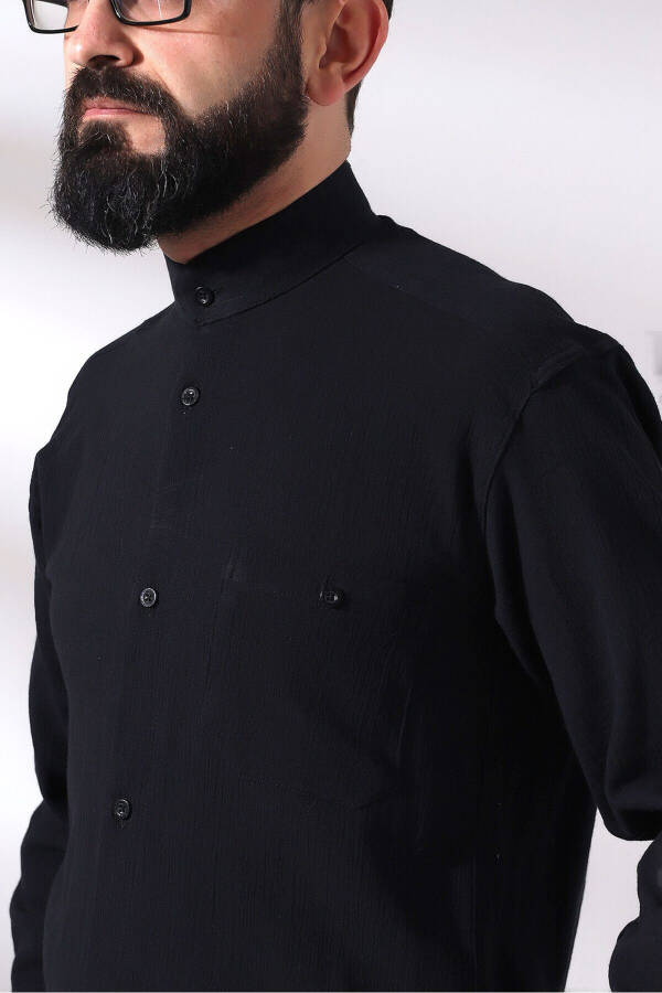 Black Chinar Men's Comfortable Fit Stand Collar Hajj and Umrah Voile Shirt - 5