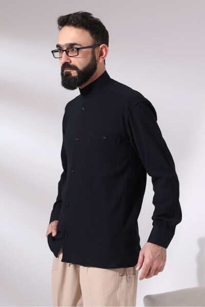 Black Chinar Men's Comfortable Fit Stand Collar Hajj and Umrah Voile Shirt - 6